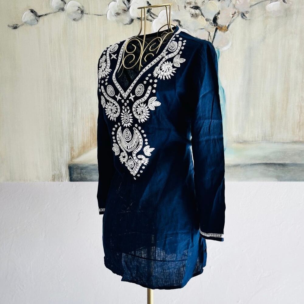 Charter Club Luxury Navy Linen Beaded Tunic Top Size S Boho Embellished - Picture 6 of 8